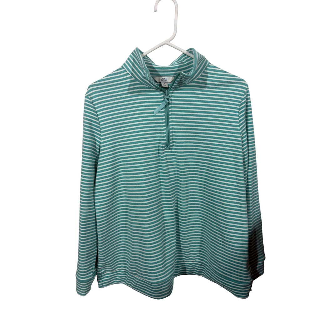 Croft & Barrow Womens Medium Teal White Striped Quarter Zip Pullover Top